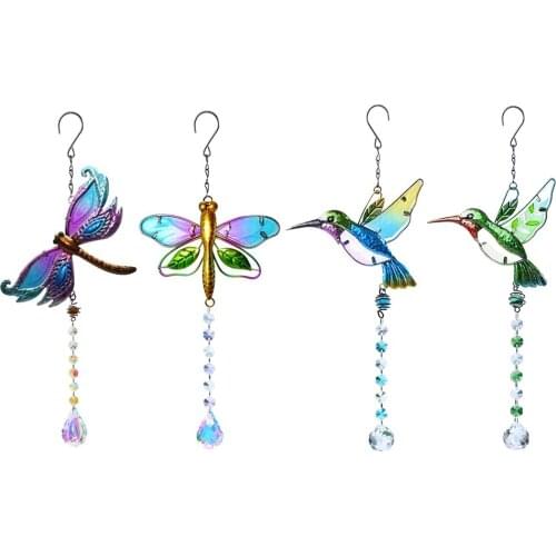 Dragonfly Bird Crystal Pendant Colorful Beads Hanging Drop for Outdoor Indoor Garden Window Wedding Chandelier Decor