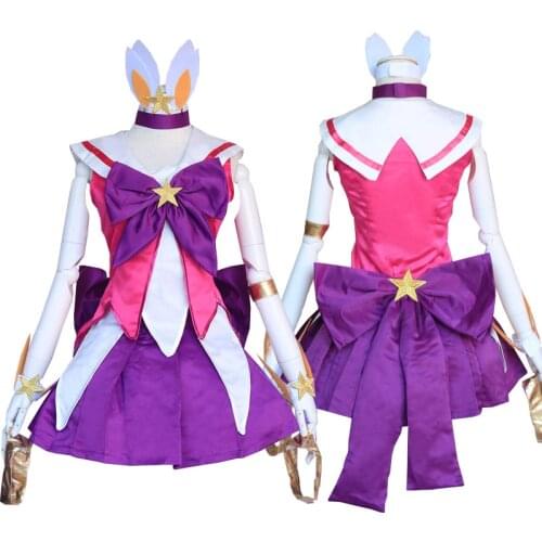 LOL Star Guardian Lux Cosplay Costume Cute Girls The Lady Of Luminosity Lux Cosplay Uniform Magic Girl Dress Full Set Pink Wig