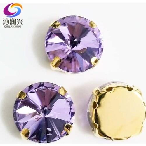 Crystal violet round shape golden bottom AAA Glass Crystal sew on claw rhinestones with holes,Diy Clothing accessories SWRG18