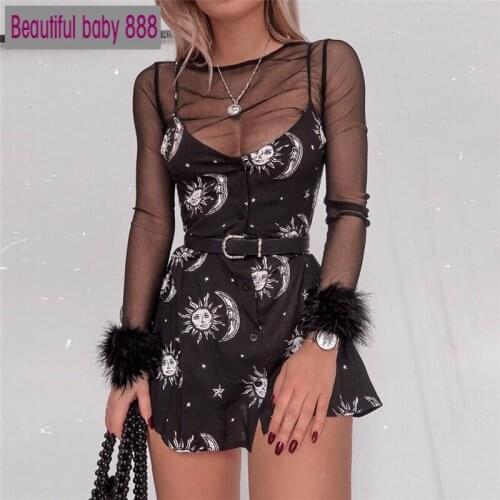 Meqeiss black sun moon star printing Elegant Female spring summer dress new Women dresses loose v-neck sleeveless mini dress