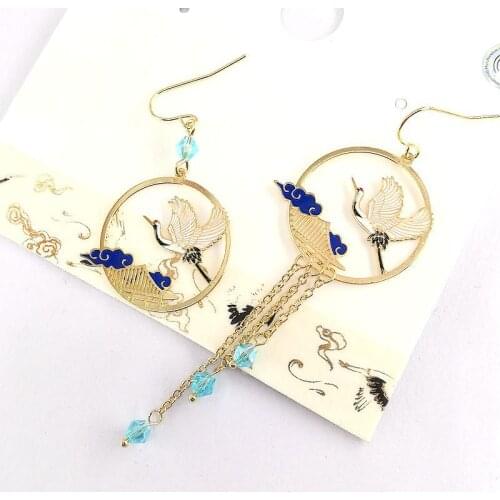 Fashion Ethnic Jewelry new antique hollow enamel painted red-crowned crane ring Chinese style earrings for women ear clip / drop