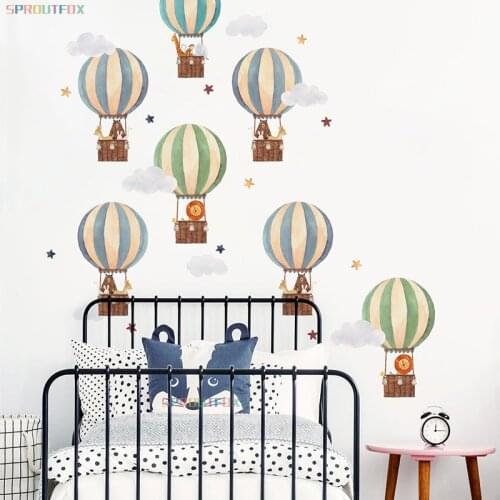 Cartoon Hot Air Balloon Wall Sticker for Baby Boys Room Living Room Brave Animals Lion Girafee Monkey Bear Nursery Kids Stickers