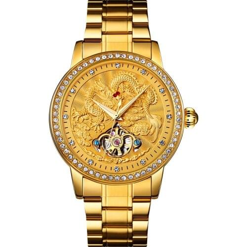 Mens Watch Gold Color Automatic Waterproof Mechanical Movement Classic Dragon Totem Steel Belt Clock Relogio Masculino