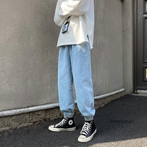2021 Fashion Mens Vintage Washed Jeans Hip Hop Solid Loose Fit Denim Pants Harajuku Korean Style Men Jean Trousers Male