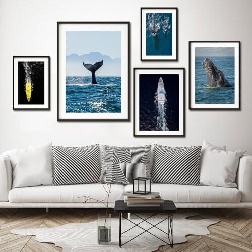Nordic Travel Landscape Whale Tail Blue Ocean Poster Canvas Painting Boat Yacht Print Wall Art Picture Modern Living Room Decor