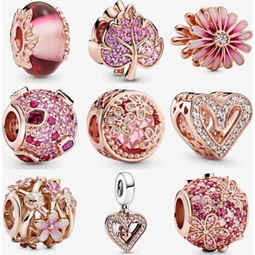 New Real 925 Sterling Silver Pink Pave Daisy Flower Charm Fit Pandora Bracelet Rose Gold Sparkling Pave Leaf Charm DIY Jewelry