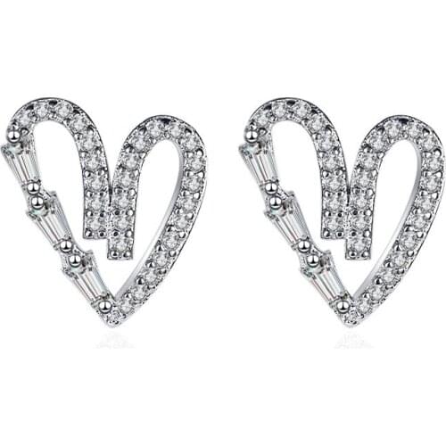 New Sweet Romantic Heart Stud Earrings Silver Color Exquisite Zircon Stud Earrings Bridal Wedding Jewelry Dating Accessories