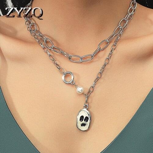 ZYZQ Punk Gothic Grimace Chain Necklace For Women Vintage Imitation Pearls Choker Halloween Collar Hip Hop Girls Jewelry Gift