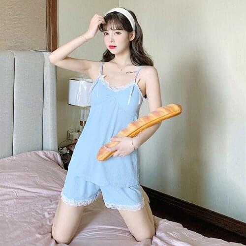 Blue Sexy Strap Top&Shorts 2PCS Pajamas Suit Women Summer New Cotton Sleepwear Lovely Lace Bow Trim Nightwear With Bra Home Wear