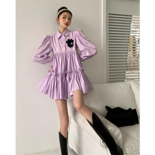 Purple Shirt Dress Womens Spring And Autumn Temperament Elegant Cute Sweet Long Sleeve Ruffled Kawaii Mini Cake Dress