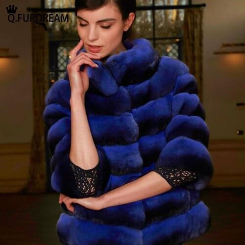 Q.FURDREAM Fashion Trendy Real Rex Rabbit Fur Stripe Stand Collar Coat Autumn Winter Warm Stripe Three Quarter Sleeves Jacket