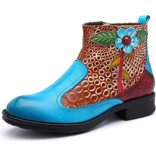 Embossed Women Boots Genuine Leather Retro Buckle Zipper 3-5CM Square High Heel Ankle Boots Elegant Shoes Colorblock Women Shoes