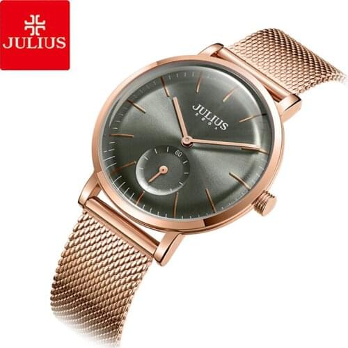 Julius Womens Stainless Steel Mesh Belt Quartz Watch Real Work Small Second Dial Business Wristwatches Lady Birthday Gift Reloj