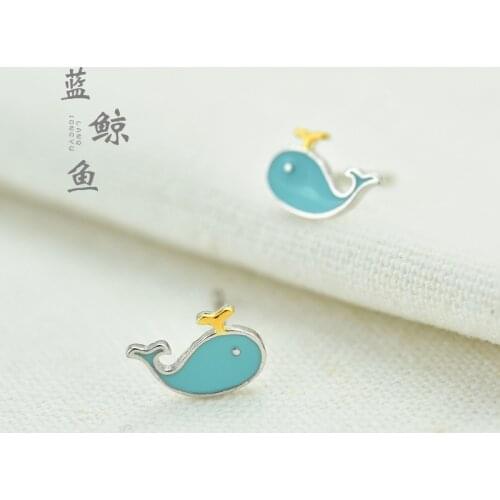 Blue Whale Animals Stud Earrings For Women Golden Spray Silver Color Edging Eyes Cute Teen Girls Friendship Jewelry Party Gifts