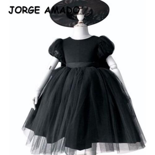 2021 Summer Family Matching Dress Short Puff Sleeves Black Open Back Bow Princess Dresses Mum Daughter Collocation Look E0909