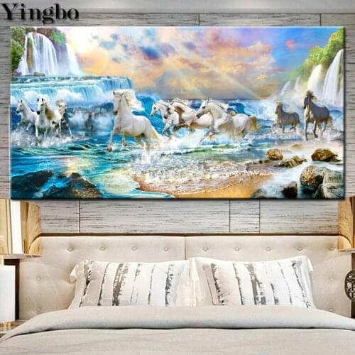 3D Embroidery rhinestone Diy Diamond Painting waterfall horse landscape Cross Stitch Full Square round Diamond Mosaic large size
