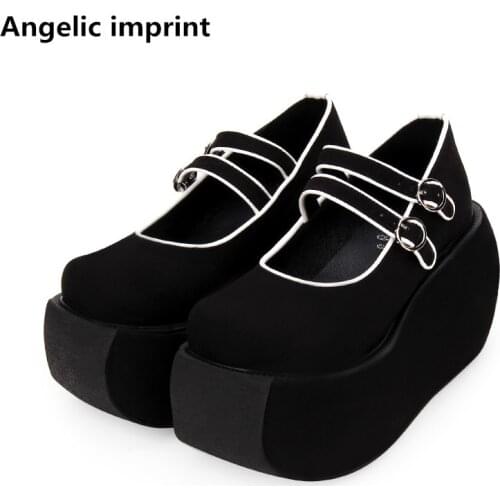 Angelic imprint woman mori girl lolita cosplay shoes lady high wedges heels Pumps women princess dress party shoes buckles 33-47