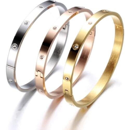 Luxury Brand Crystal Lover Bracelet Bangles Stainless Steel Bangle With Cubic Zirconia Golden Women Jewelry Gift Accessories