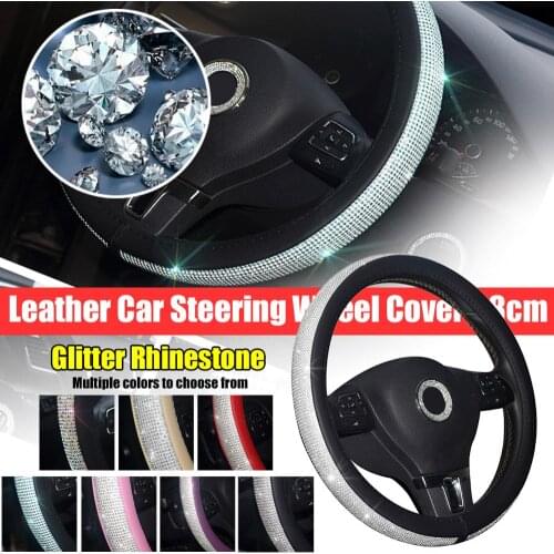 Diamond Steering Wheel Cover 38cm Glitter Rhinestone For Girl Lady Leather Steering Wheel Cover Car Interior Set Accessories