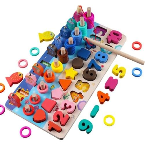 Wooden toy for babies Montessori arithmetic teaching AIDS Fishing game numerals cognitive matching blocks wooden toy for childre