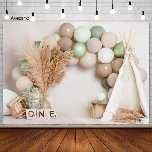 1st Birthday Party Backdrop Boy Cake Smash Green Balloon Floral Vase Bohemia Photography Background Photo Studio Photozone Props