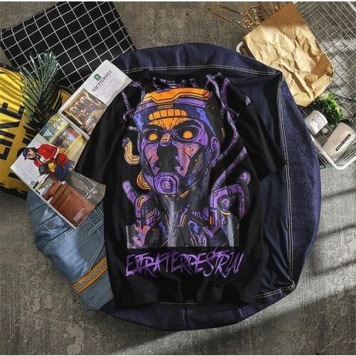 Street print mens and womens short-sleeved T-shirt Hong Kong style Chinese style text couple Harajuku loose half-sleeves