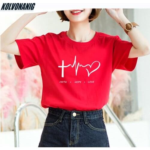 Summer Cotton O-Neck Short Sleeve Women T-Shirts Faith-Hope-Love Print T Shirt Ladies Tees Harajuku Valentines Day Tops Clothes