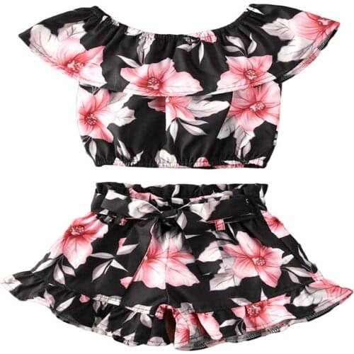 Summer Toddler Kids Baby Girls Fashion Off Shoulder Sleeveless Floral Print Top + Shorts Outfits