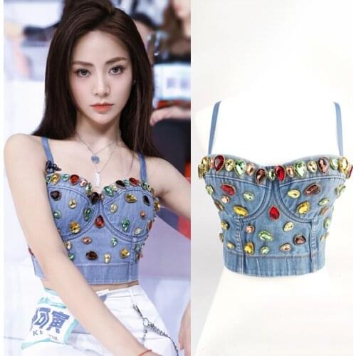 Fashion Unique Denim Crop Top Women Luxurious Colorful Diamond Mosaic Camis Tank Top Short Cloth Ropa De Mujer