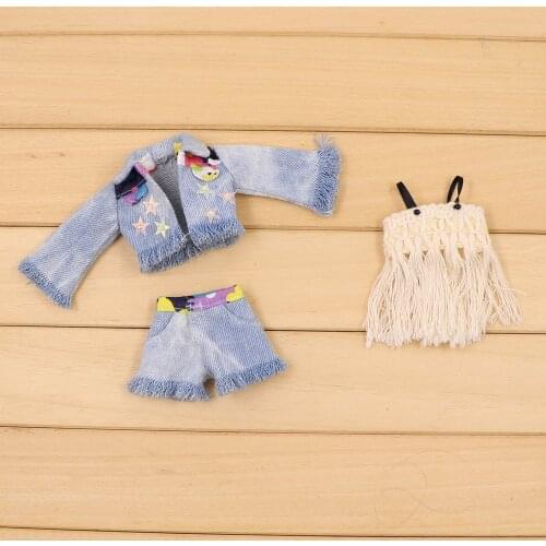 Outfit for Blyth doll A set of Tassels clothes and denim coat with pants suit for 1/6 Joint Doll free shipping