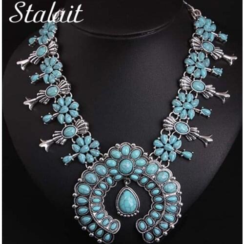 Bohemian Sugar Shape Inlay Large Water Drop Natural Stone Necklace Statement Silver Color Springs Chain Necklace For Women Gift