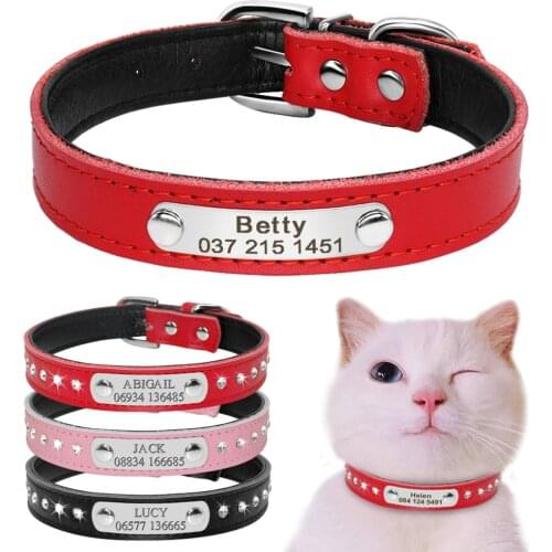 Personalized Dog Cat Collar Custom Cat Collar Leather Rhinestone Dogs Puppy Nameplate Collars For Small Dogs Chihuahua Bulldog