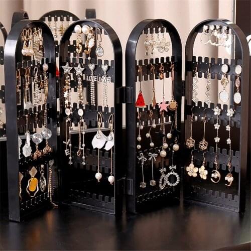 Plastic Clear Earrings Studs Display Rack Folding Screen Earring Jewelry Display Stand Holder Storage Box