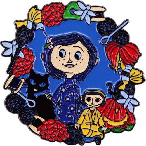 Coraline Spooky Girl Button Badge and Black Cat Brooch