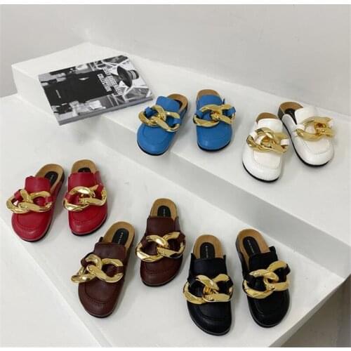 Brand Design Women Slippers Fashion Gold Chain Sandals Closed Toe Slip On Mules Shoes Round Toe Casual Slides Female Flip Flops