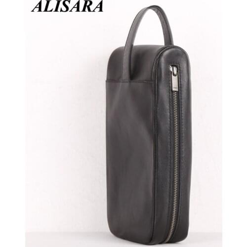 Alisara Mens Clutch Bag First Layer Cow Leather High Quality Male Small Organizer Handbag Cell Phone Wallet Casual Storage Pack