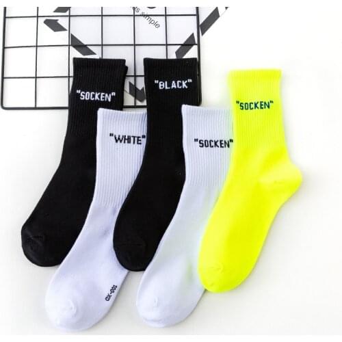 Street Fashion Cotton Adult Middle Crew Socks Socken Black Whie Ox 001 Fluorescein Lucifer Neon Yellow Daily Simple Letter Cute