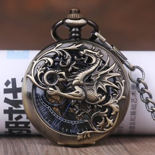 5pcs Vintage Mechanical Pocket Watch Retro Dragon Hollow Skeleton Roman Numerals Black/Bronze Fob Watch with Chain for Men Women