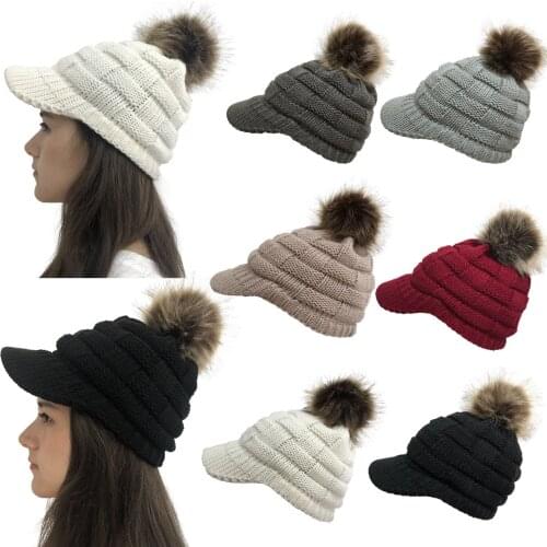 Newsboy Cable Knitted Hat with Ribbed Knit Visor Cold Weather Knitted Detachable Pom Pom Bobble Hat Beanie for Girls