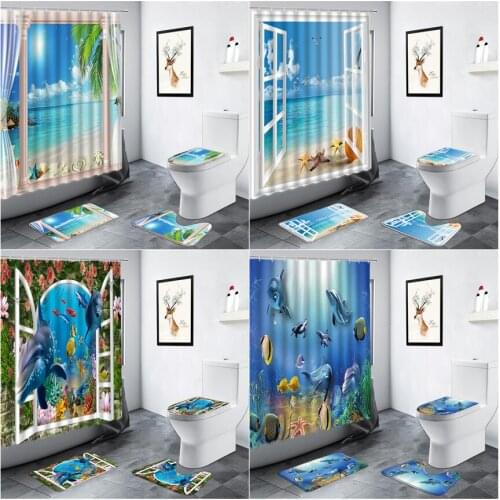 Beach Ocean Landscape Shower Curtains Palm Trees Dolphin Tropical Fish Hawaii Scenery Bathroom Decor Anti-slip Rug Bath Mats Set
