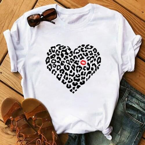 Women T-Shirt Lip Leopard Heart Print T Shirt Women Summer Casual White Tops Loose Short Sleeve Tshirt Camisas Mujer