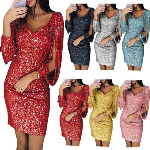 Women Sexy Shiny Sequin Tassels Bandage Long Sleeve V-Neck Bodycon Slim Short Dress Summer Evening Party Clubwear New Arrival