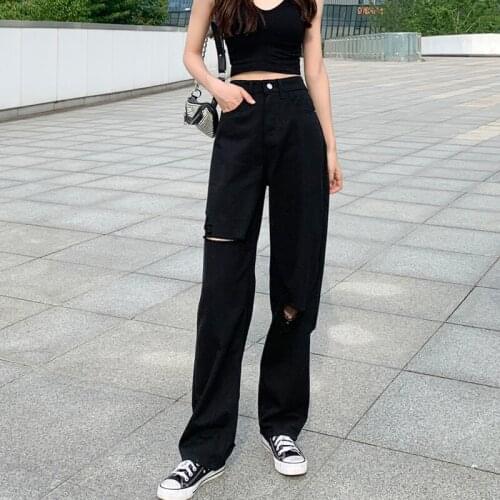 Women Wide Leg Hip-hop Mopping Vintage Summer High Street Jeans Holes Black Chic Large S-5XL Oversize Casual Pants Harajuku