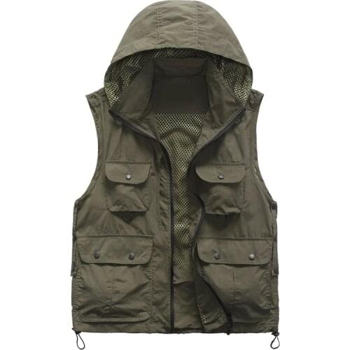 Men outdoor hooded vest quick-drying photography thin Waistcoat multi-pocket volunteer work clothes Sleeveless Jacket mesh