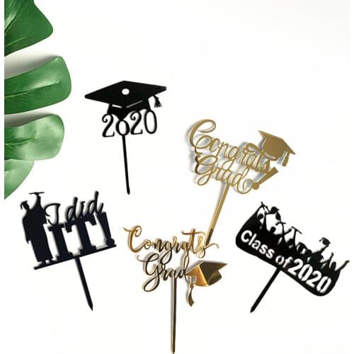 Gold Black 2020 Graduation Cap Acrylic Cake Toppers Card Banner Cake Top Flags Graduation Party Decoration Baking Supplies