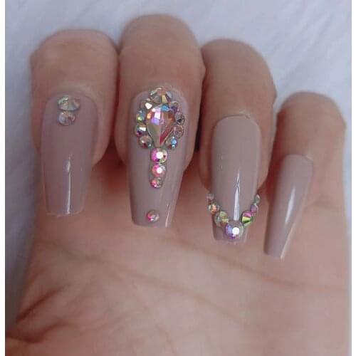 24pcs latest candy long ballet handmade crystal diamond fake nails sexy light brown