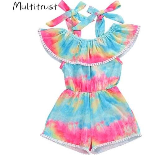 Summer baby girls sunkissed tie dyed milk silk children clothes tie knot boutique sleeveless romper overall ruffle match bow