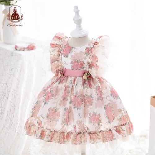 Yoliyolei Spanish Baby Girls Dresses Children Birthday Ruffle Sleeves Embroidery12M Kids Print Flower Girls Dress with Hairband
