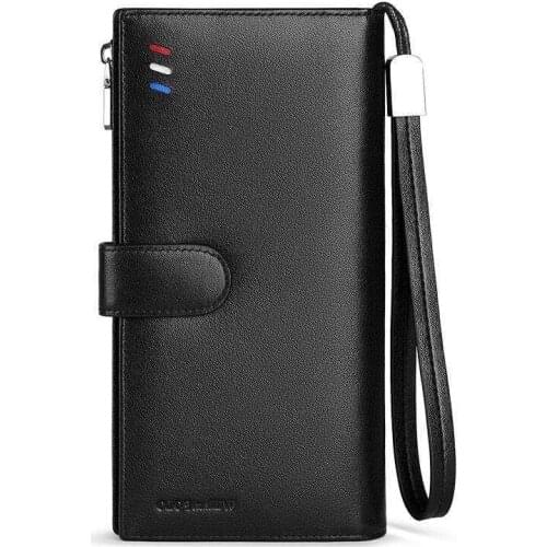 Genuine Leather Long Wallet For Men Black Fashion Phone Credit Card Holder Coin Purses Business Clutch Cowhide Black