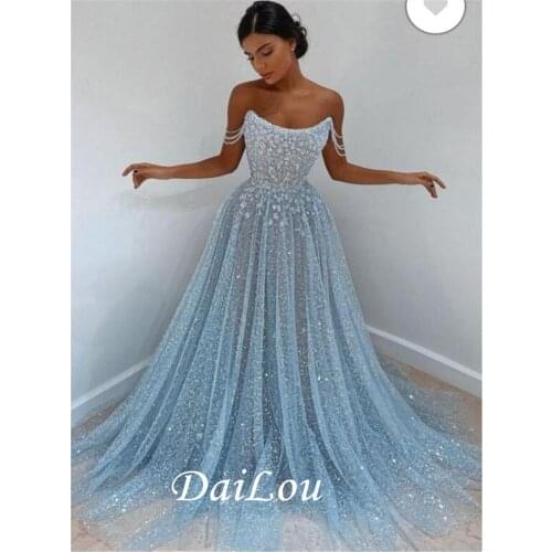 DaiLou A Line Off The Shoulder Sweetheart Mermaid Elegant Sleeveless Blue Lace Prom Dress 2021